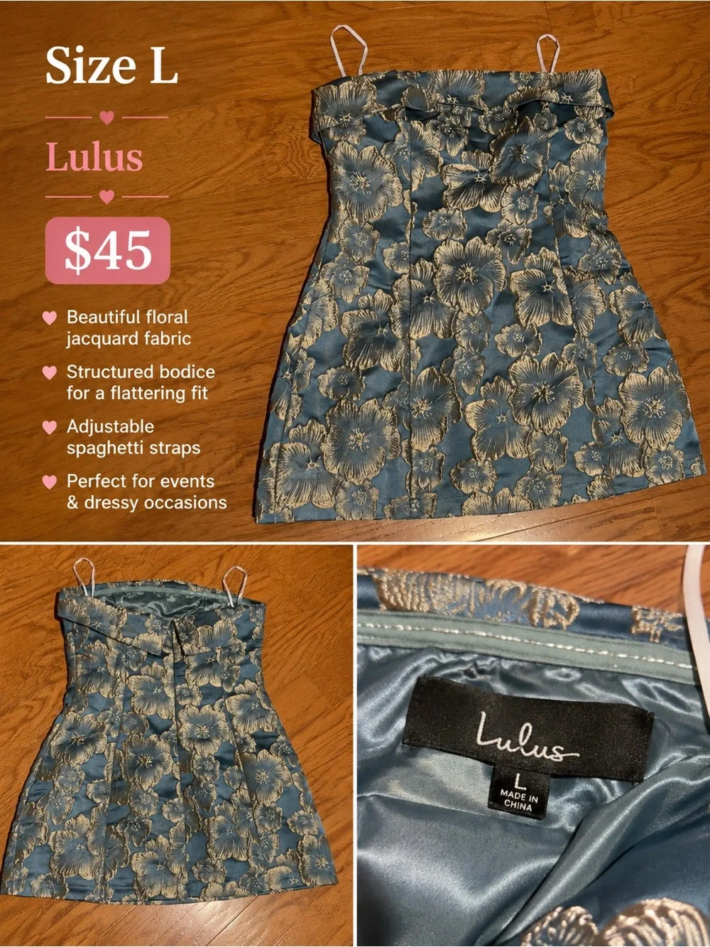 Lulu's Blue Floral Jacquard Dress with Gold Detail - Picture 1 of 1